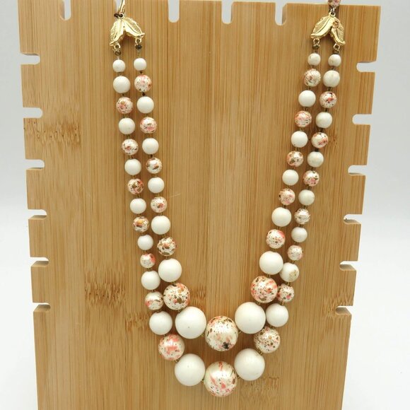 Vintage Necklace Double Strand 13" Cream Gold Speckled Graduated Beads Japan - Picture 8 of 9